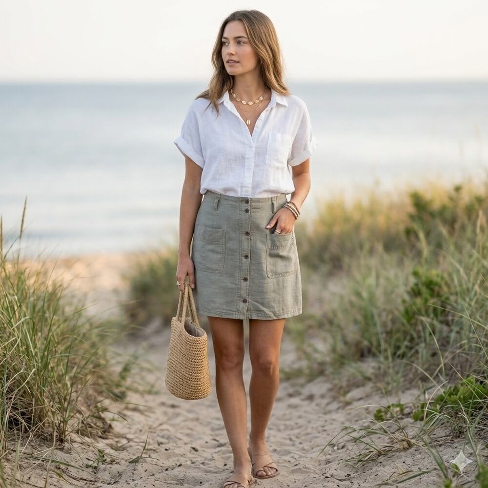 C&C California Linen Lyocell Button Front Mini Skirt Olive Green Size L